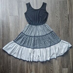 Womens Tiered Patchwork Dress Black White Striped Floral Polka Dot Midi